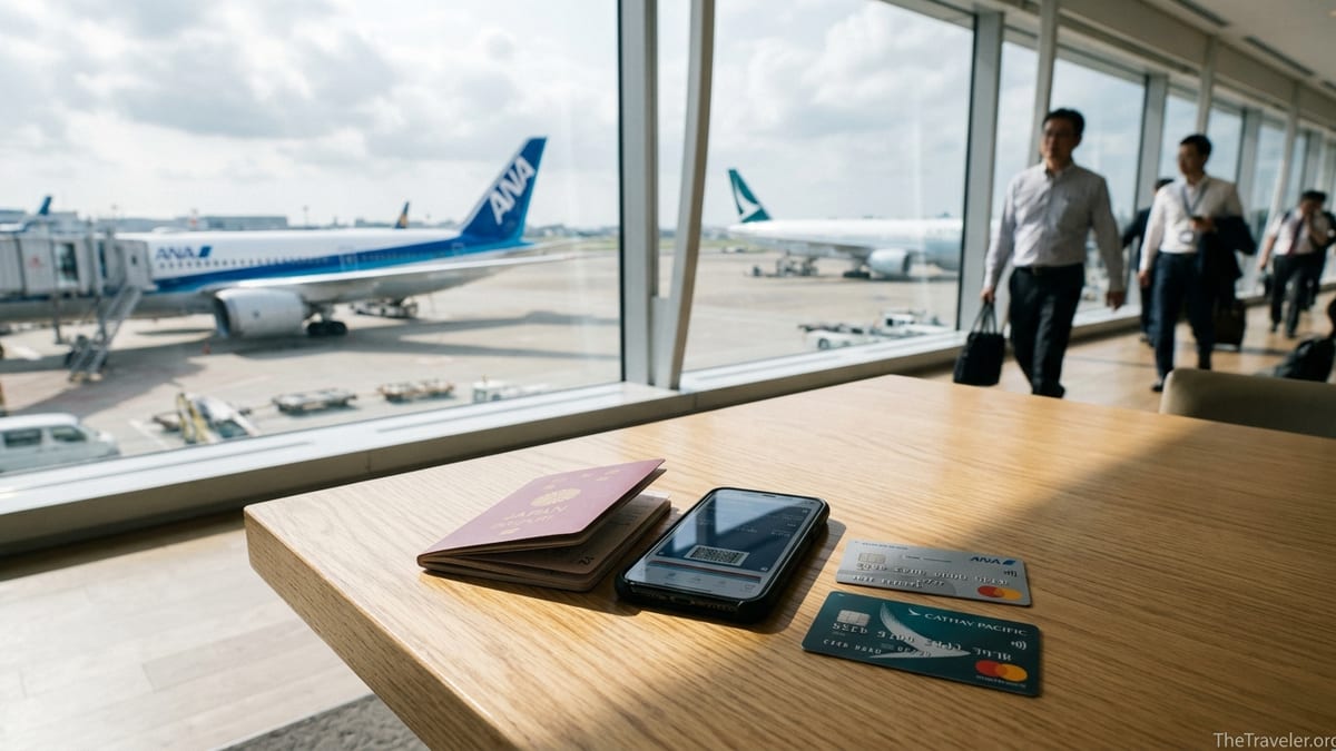 ANA and Cathay Pacific credit cards on a table in an Asia airport lounge with jets outside
