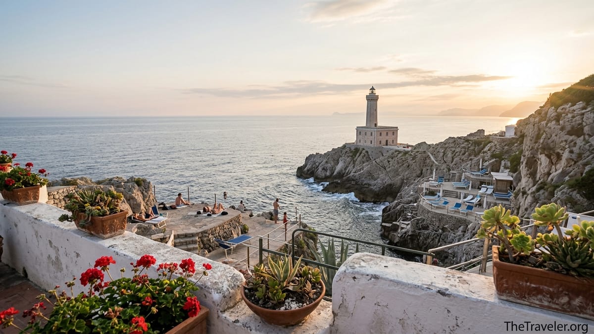 View from Anacapri over Punta Carena lighthouse and sea cliffs at sunset with a few swimmers on rock terraces.