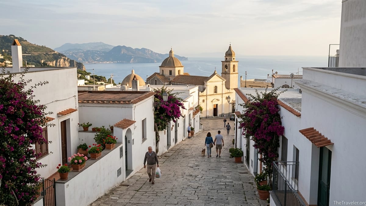 Quiet stone lane in Anacapri at sunset with white houses and sea view in the distance.