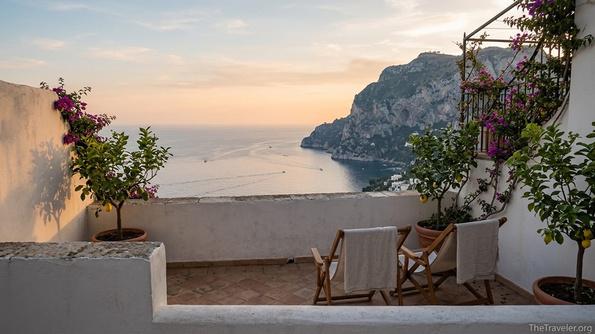 Quiet Anacapri terrace with deck chairs overlooking Capri coastline at sunset.