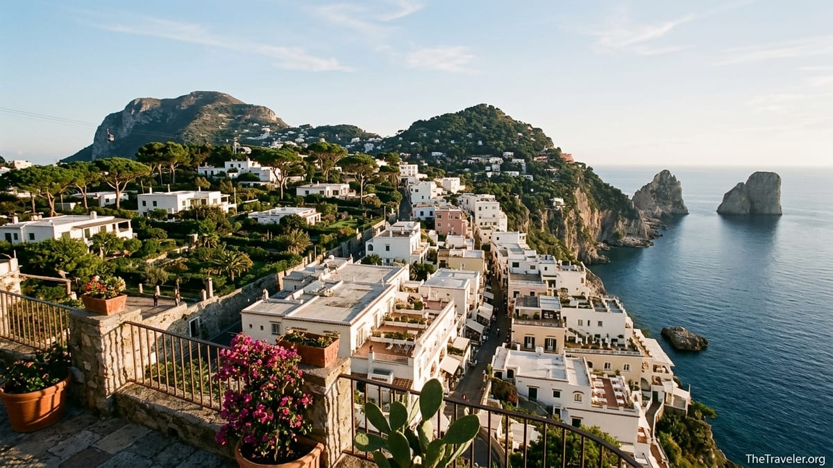 Panoramic view of Capri Town and Anacapri with sea, cliffs, and Monte Solaro at sunset.