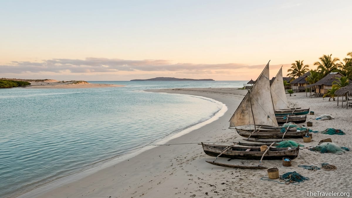 Sunrise over Anakao beach with Vezo fishing boats and Nosy Ve on the horizon.