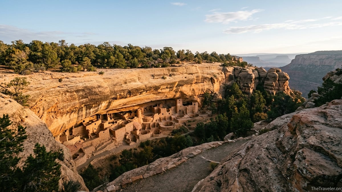 Sunrise over an Ancestral Puebloan cliff dwelling in a sandstone canyon.