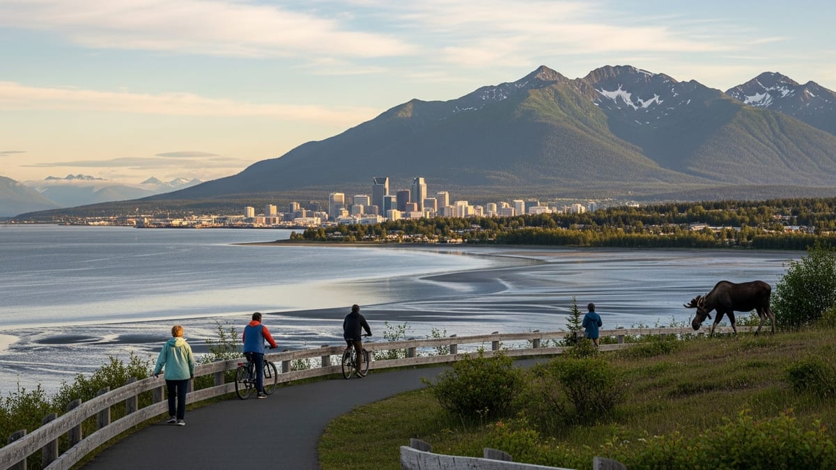 Summer evening view of Anchorage, Alaska with locals, moose, and Chugach Mountains. 