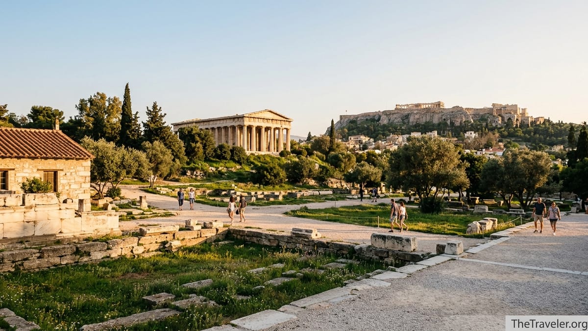 View of the Temple of Hephaestus and Acropolis from the Ancient Agora at golden hour.