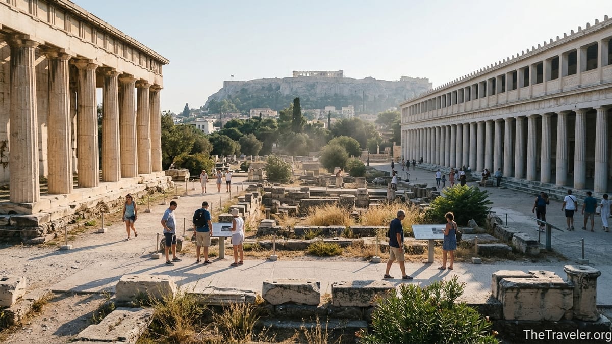 Early-morning view of the Ancient Agora of Athens with Temple of Hephaestus, Stoa of Attalos and Acropolis in the distance.