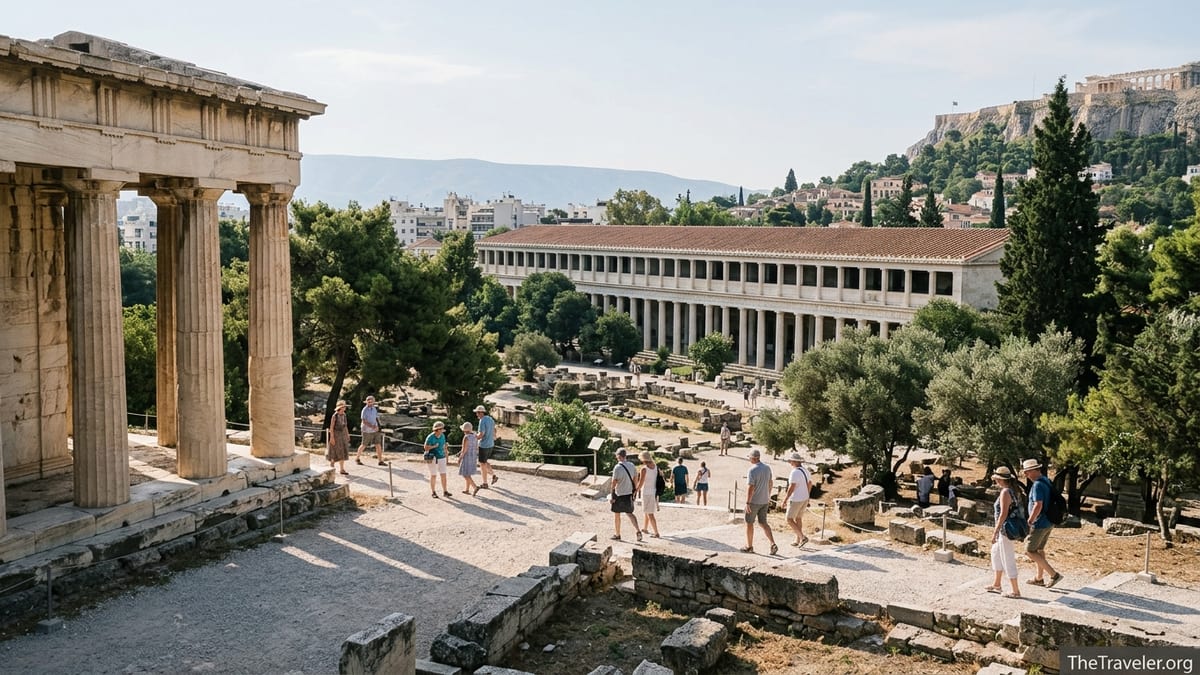 Morning visitors walking among ruins of the Ancient Agora of Athens near the Stoa of Attalos and Temple of Hephaestus.