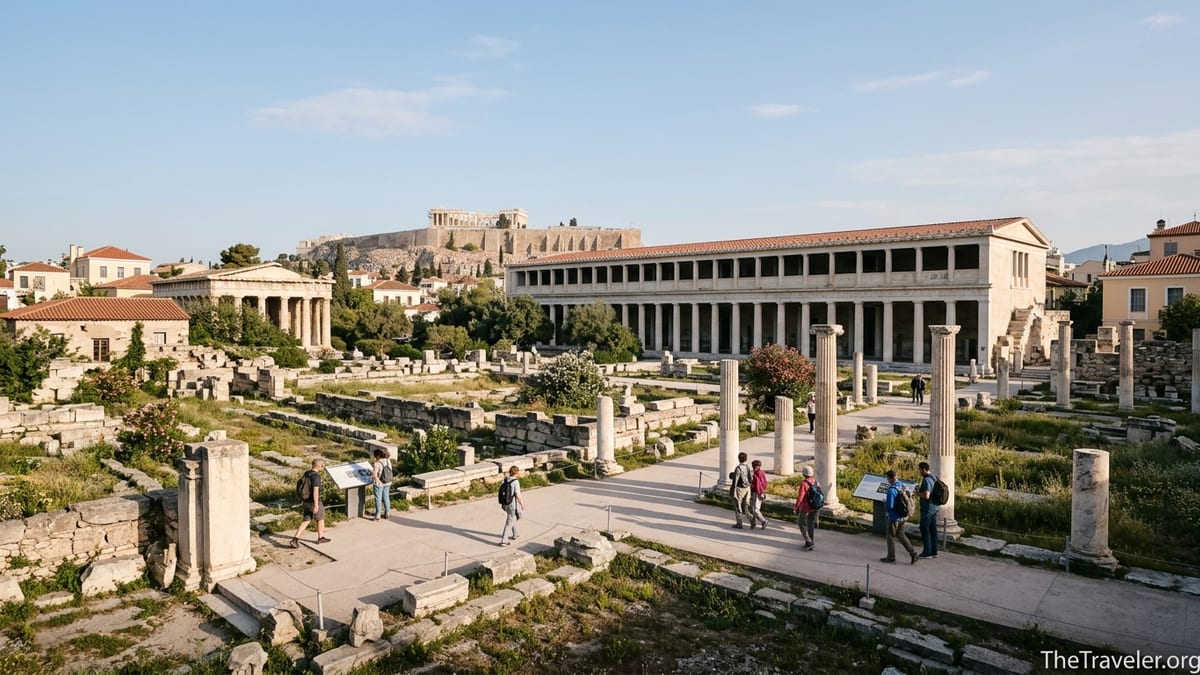 View over the Ancient Agora of Athens with ruins, Stoa of Attalos and Acropolis in the distance.