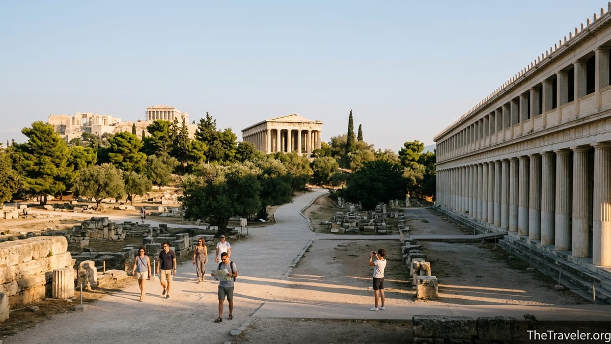 Late afternoon view of the Ancient Agora with Temple of Hephaestus and Stoa of Attalos in Athens.