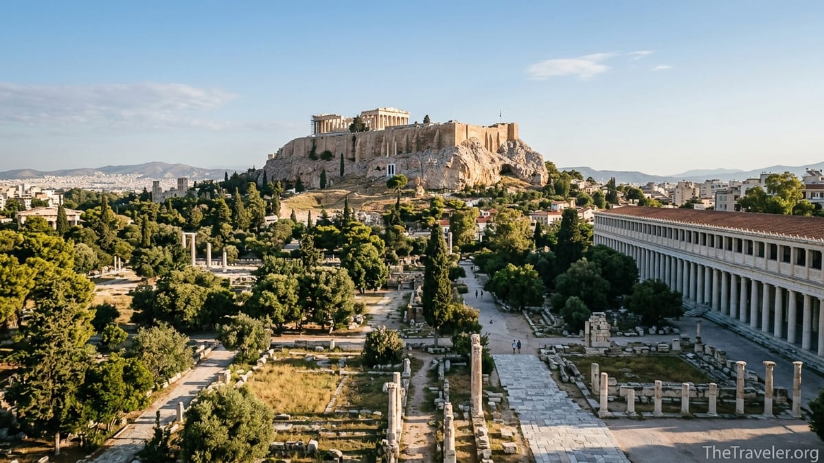 View of Athens Acropolis rising above the tree-filled Ancient Agora at sunrise.