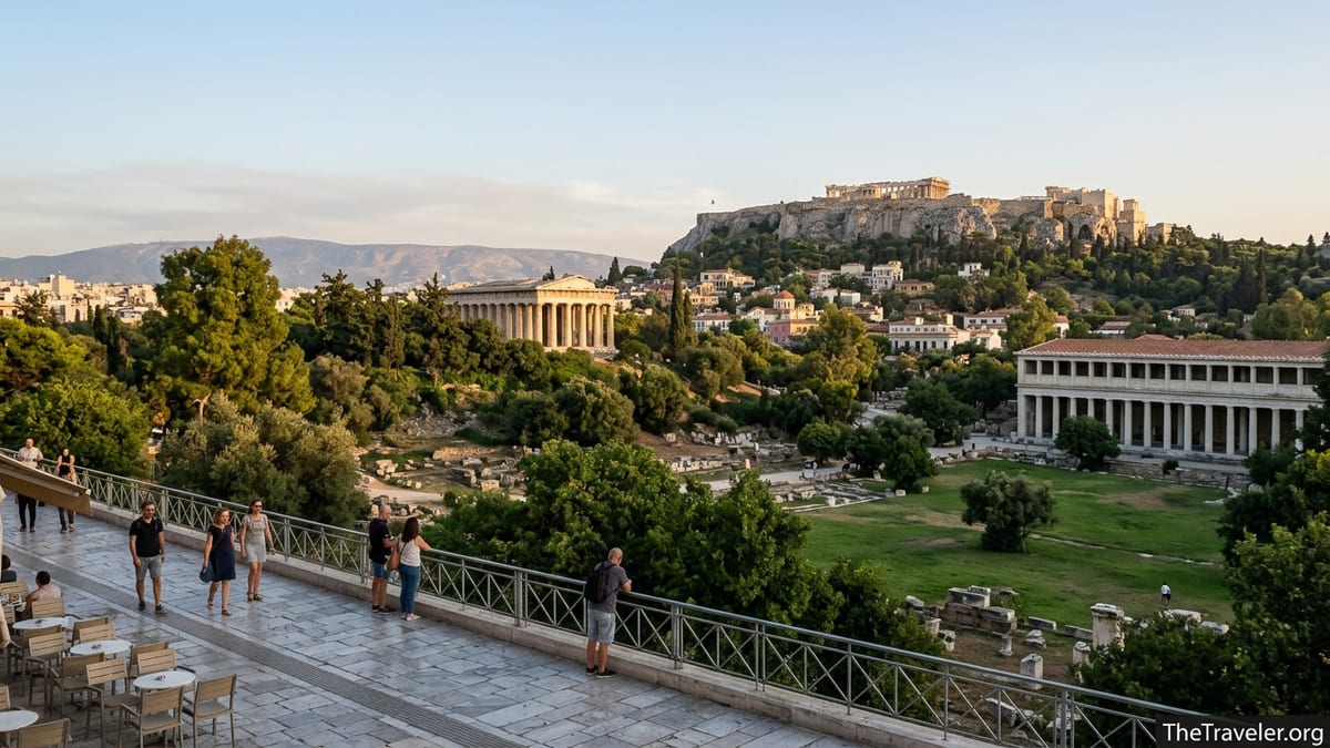 View over the Ancient Agora toward the Acropolis from Apostolou Pavlou in Athens at golden hour.