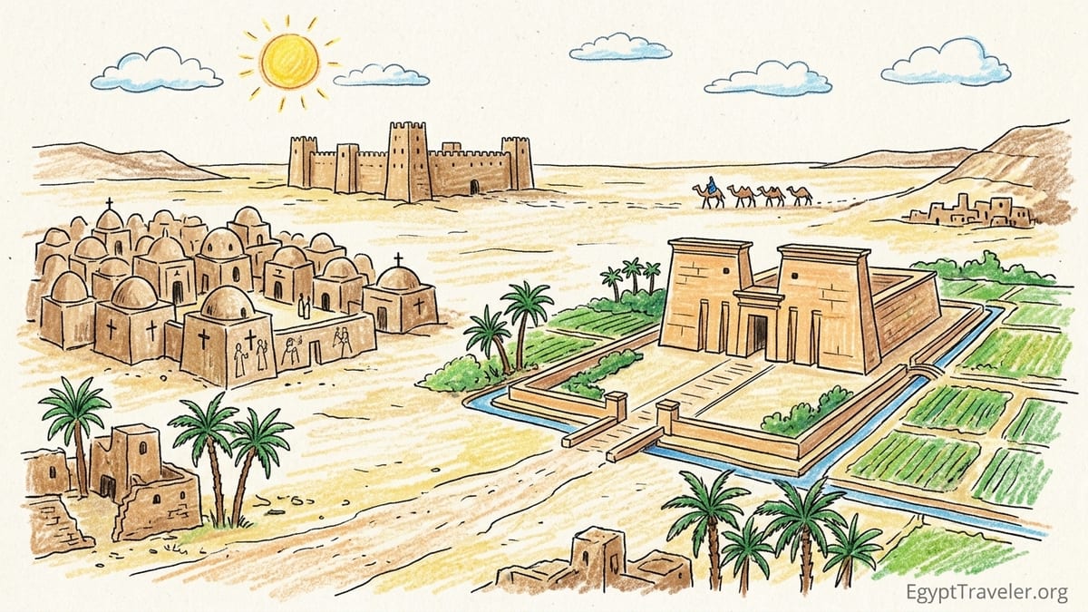 Roman fort and early Christian tombs above the Kharga Oasis framed by desert and palm groves.