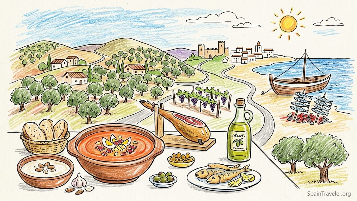 Andalusian tapas and sherry on a terrace table in Jerez at golden hour