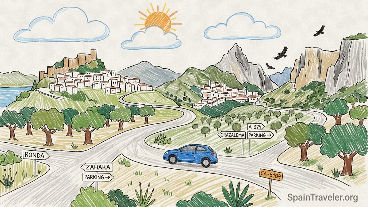 Mountain road overlooking Zahara de la Sierra and a turquoise reservoir in Andalusia.