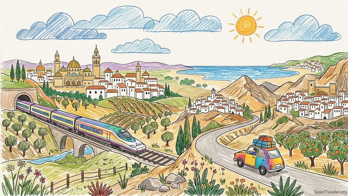 High-speed train and car side by side in the Andalusian countryside near a white hill town.