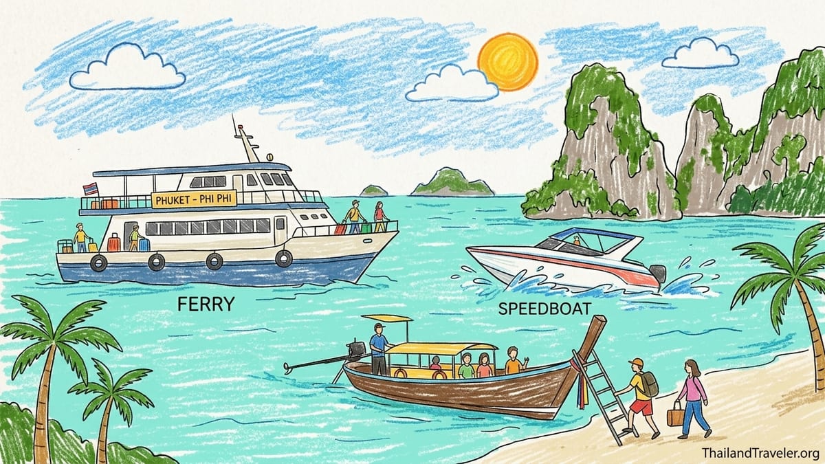 Ferry and speedboat crossing turquoise Andaman Sea between forested Thai islands