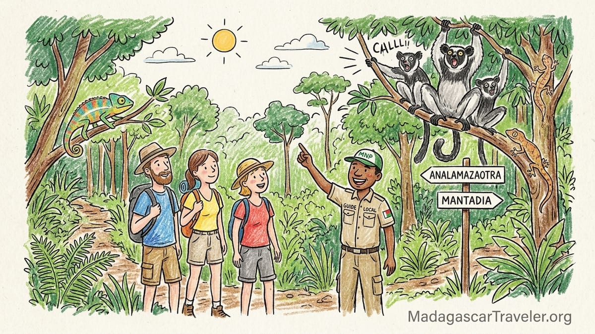 Guide leading two travelers along a misty rainforest trail in Andasibe, Madagascar
