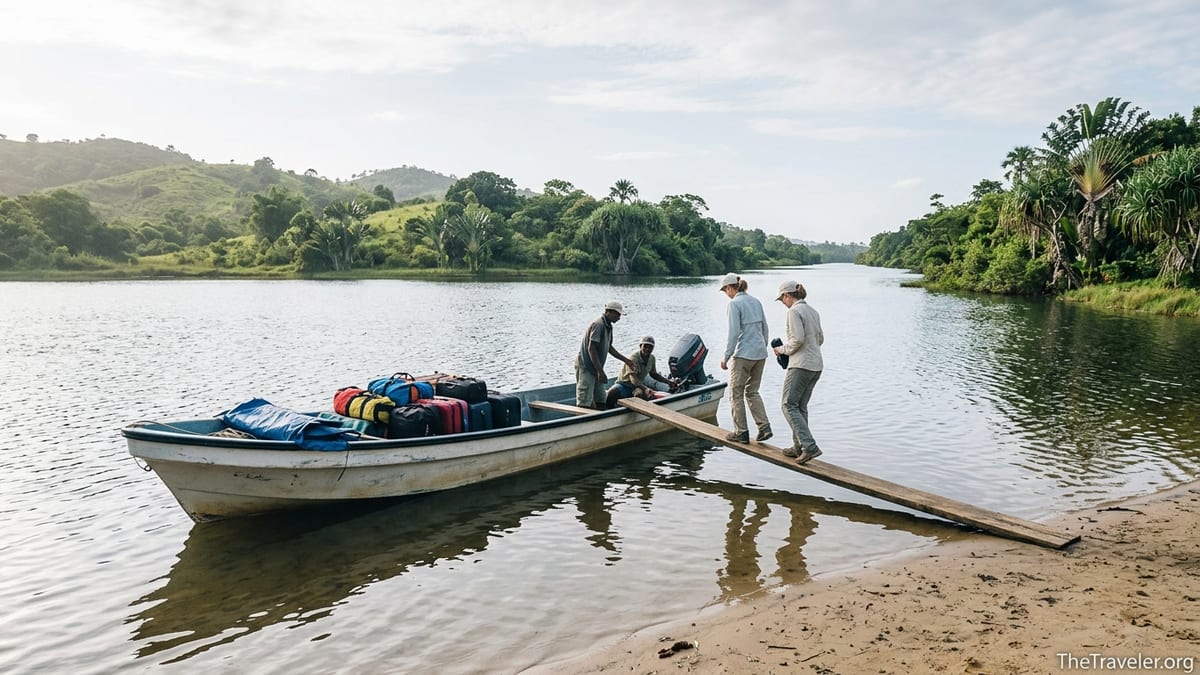 Travelers boarding a small motorboat at Manambato on Lake Rasoabe in eastern Madagascar.