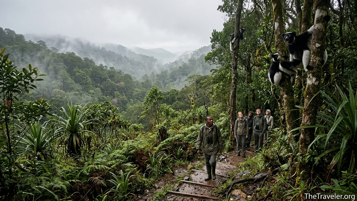 Guide and hikers watching indri lemurs in the misty rainforest of Andasibe-Mantadia National Park.