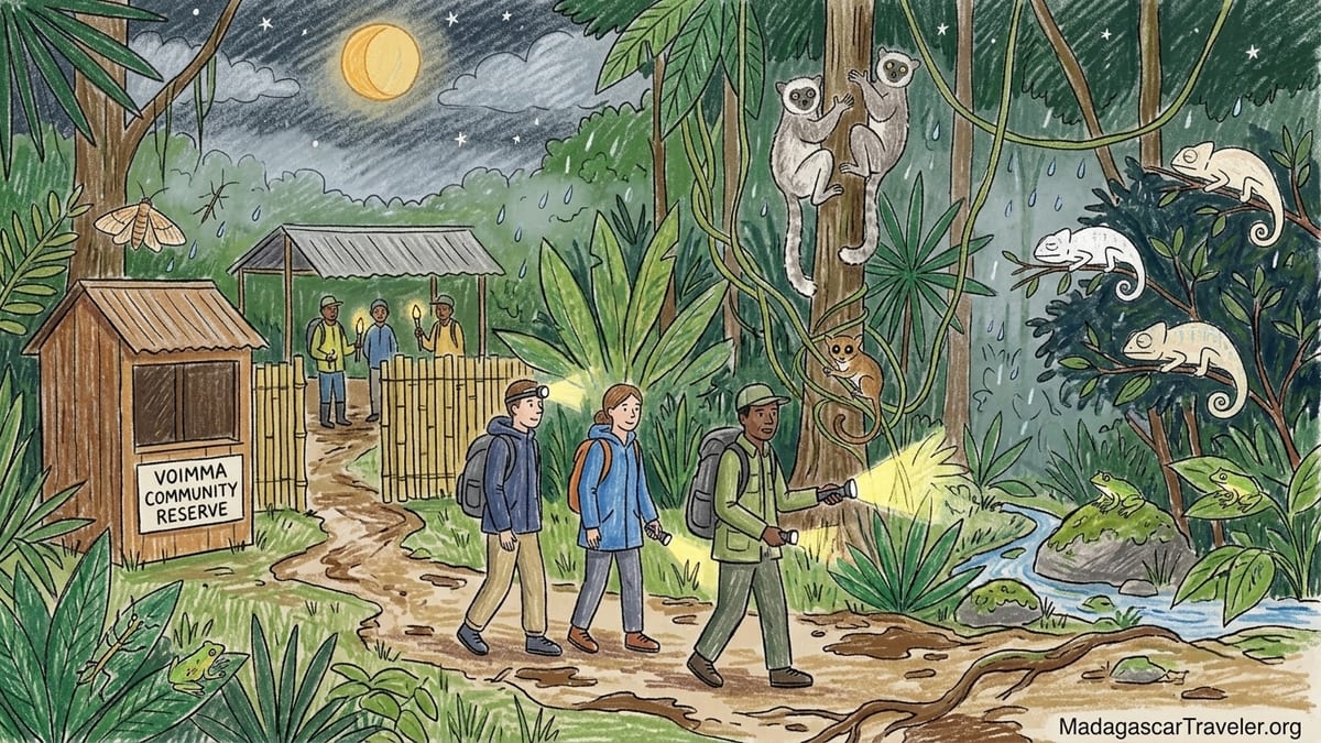 Guide and two visitors on a rainy night walk in Andasibe rainforest spotting a chameleon by flashlight.