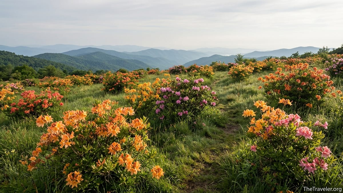 Early summer bloom of flame azaleas on Andrews Bald with distant Smoky Mountain ridges.