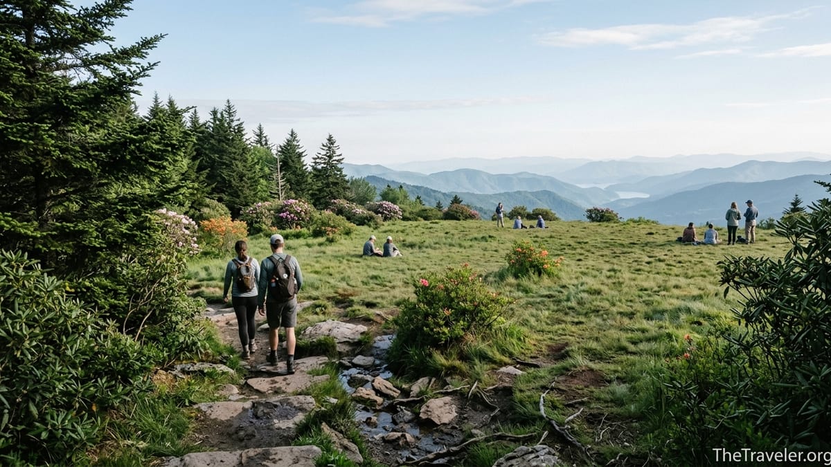 Hikers step from spruce-fir forest onto the grassy expanse of Andrews Bald with Smoky Mountain ridges beyond.