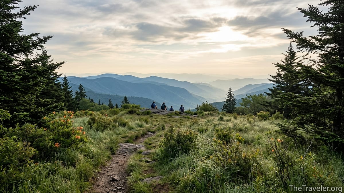 Sunrise over Andrews Bald meadow with hikers and layered Smoky Mountain ridges in the distance.