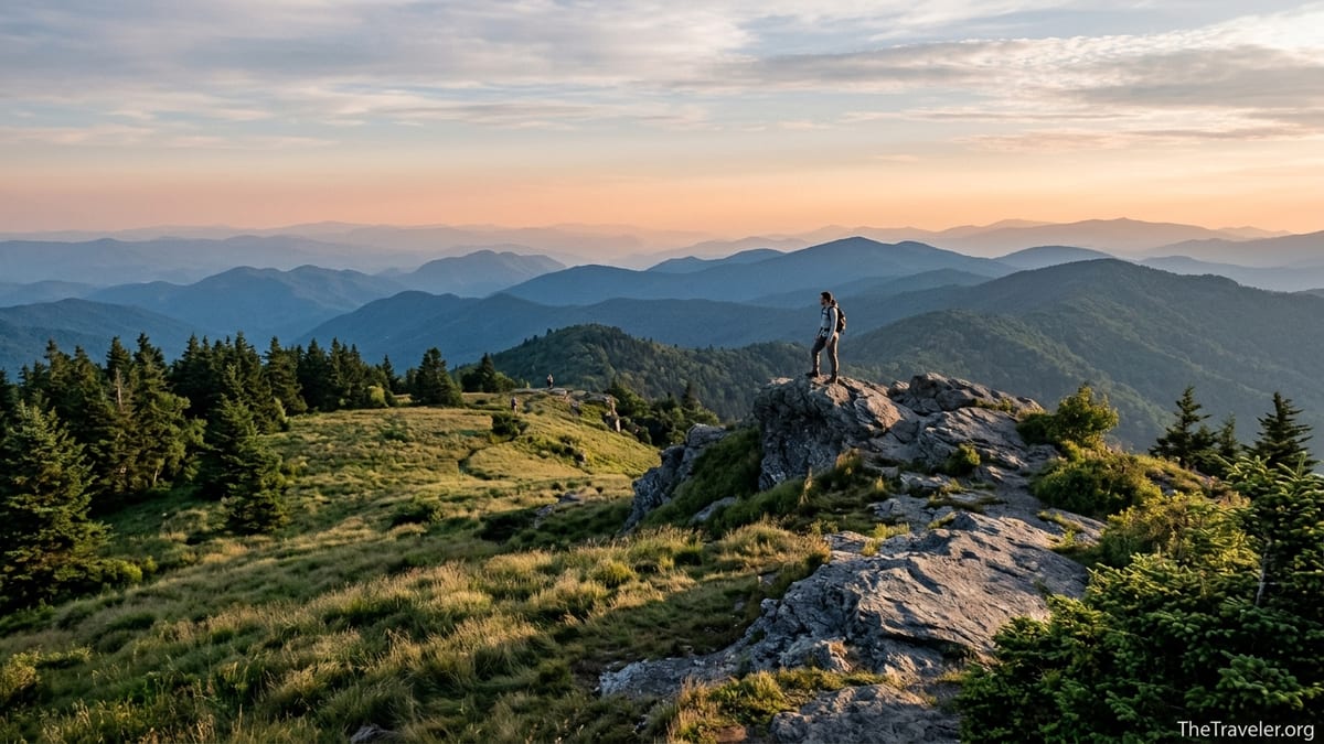 Hikers overlooking layered Smoky Mountain ridges from a rocky outcrop at sunrise.