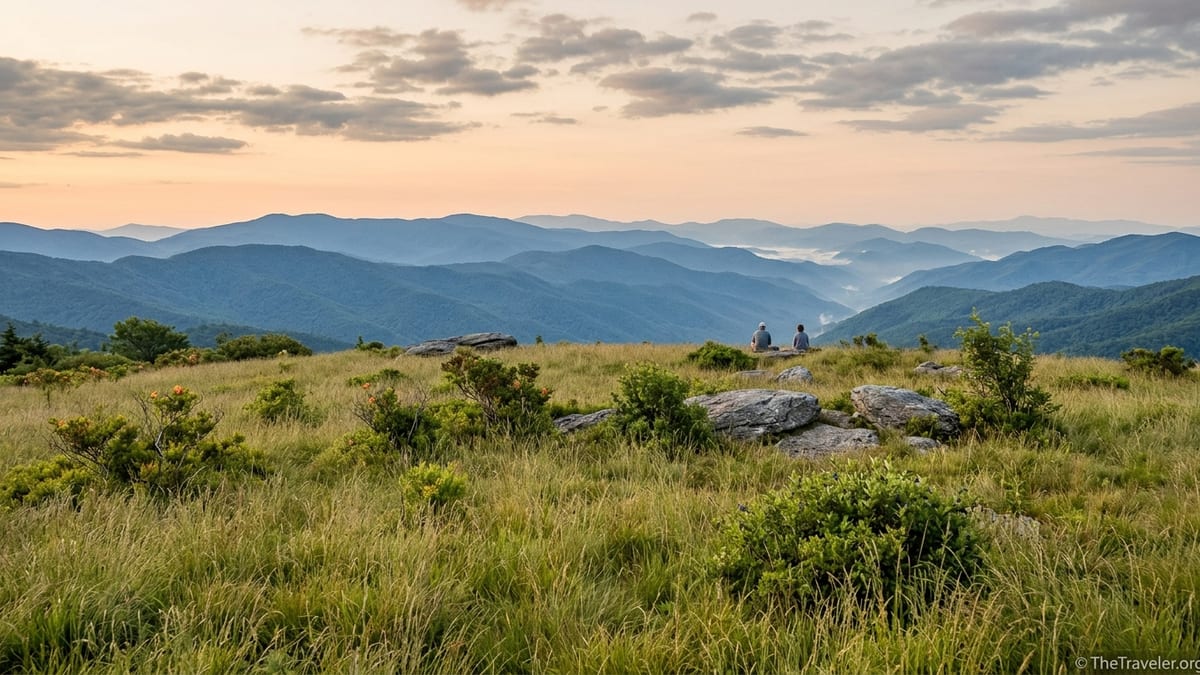 Sunrise view over layered Smoky Mountain ridges from the grassy meadow of Andrews Bald.