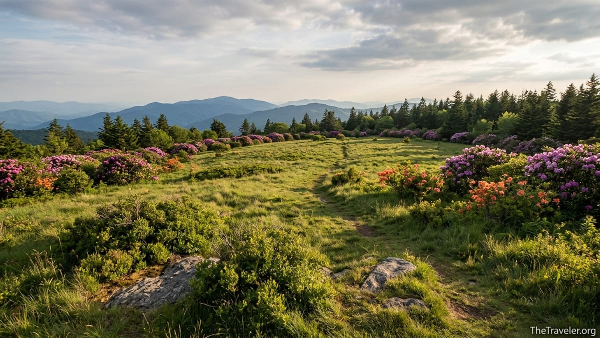 Early summer rhododendron blooms on Andrews Bald with distant Smoky Mountain ridges at sunset.