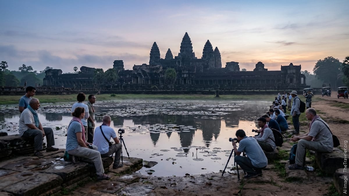Pre-dawn scene at Angkor Wat with travelers awaiting sunrise by the reflecting pond.