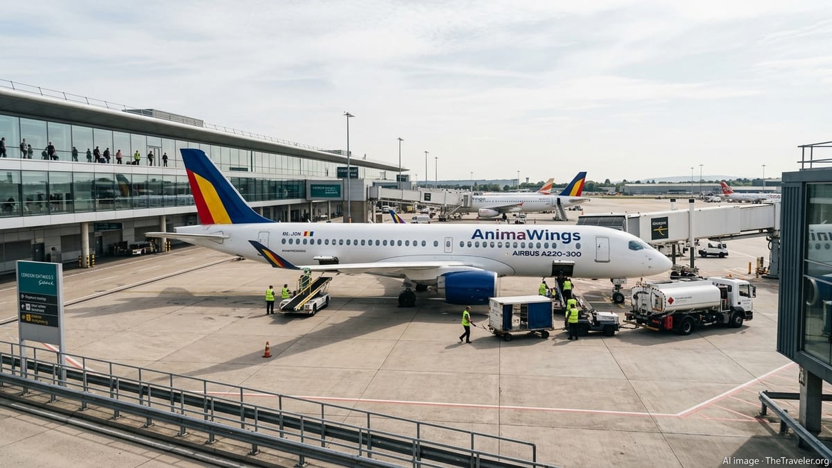 AnimaWings Airbus A220 at a London Gatwick gate with passengers moving through the terminal.