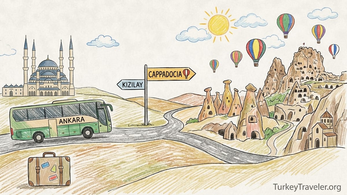 Sunrise balloons over Cappadocia’s valleys with a tour minivan and travelers from Ankara in the foreground.