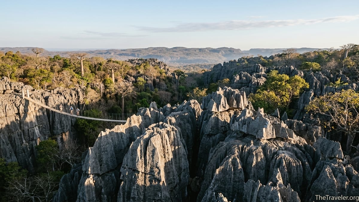 Limestone tsingy pinnacles and a suspension bridge above forest in Ankarana Special Reserve at dawn.