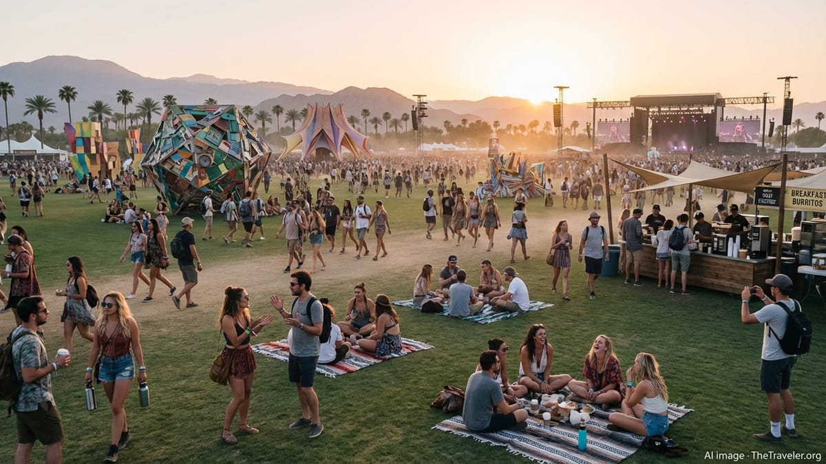 Crowds walking across a palm-lined California festival field at sunrise with stages and art installations in the distance.