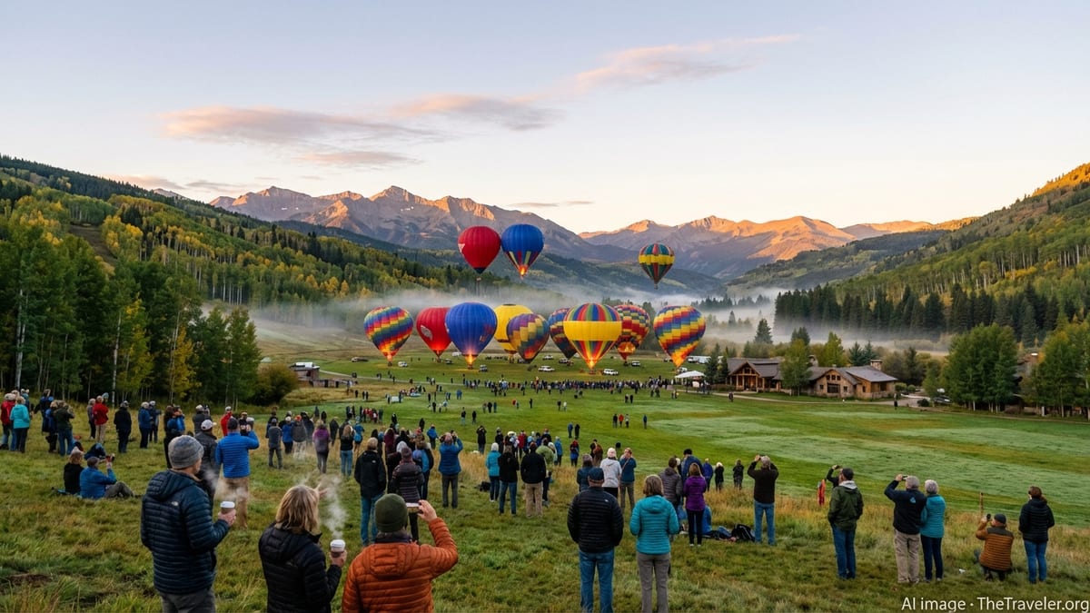 Hot air balloons rising over Snowmass, Colorado at sunrise during an annual festival