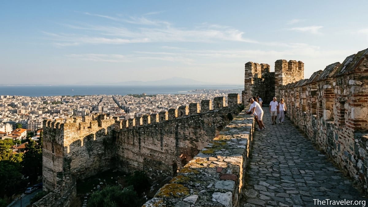 View from Ano Poli’s Byzantine walls over Thessaloniki and the sea at golden hour.