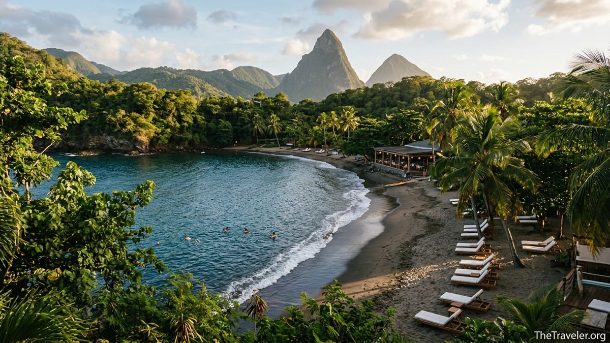 View over Anse Chastanet’s twin bays, dark sand beach, and Pitons at sunset in Saint Lucia.