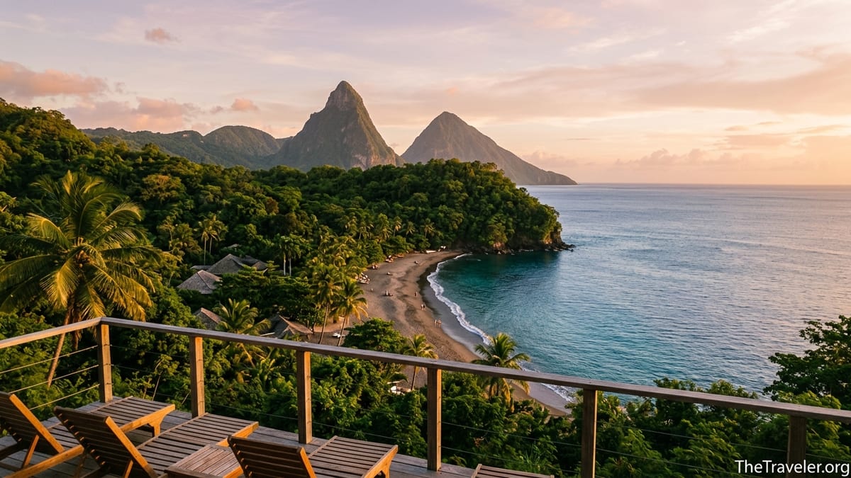 Hillside view over Anse Chastanet beach and the Pitons in Saint Lucia at sunset.