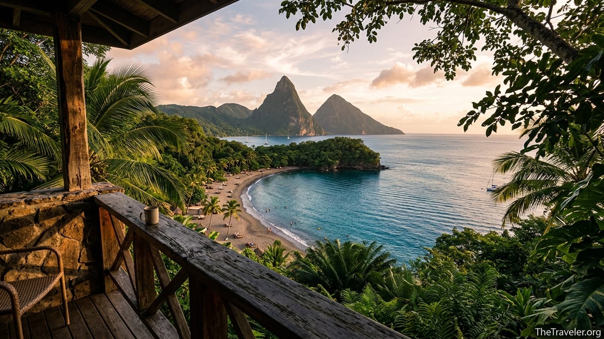 View from an Anse Chastanet hillside room over the beach and Pitons at sunset.