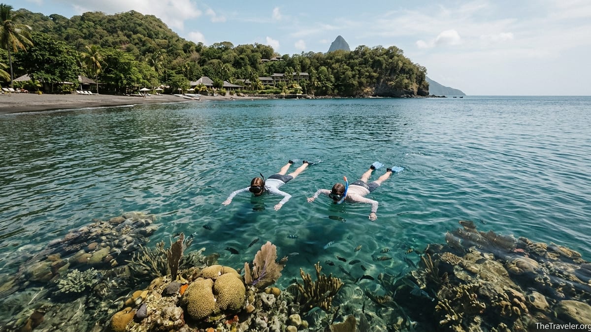Snorkelers floating over shallow reef off Anse Chastanet beach in Saint Lucia.