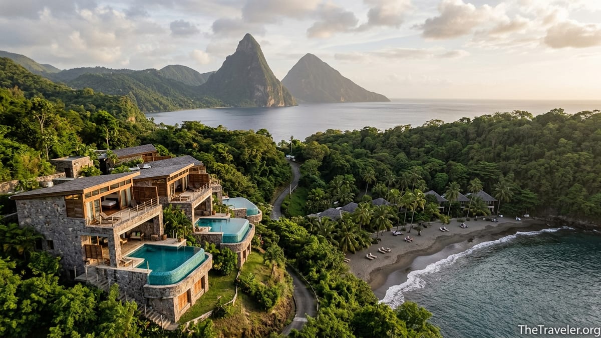 Aerial view of Jade Mountain above Anse Chastanet beach with Pitons in St. Lucia.