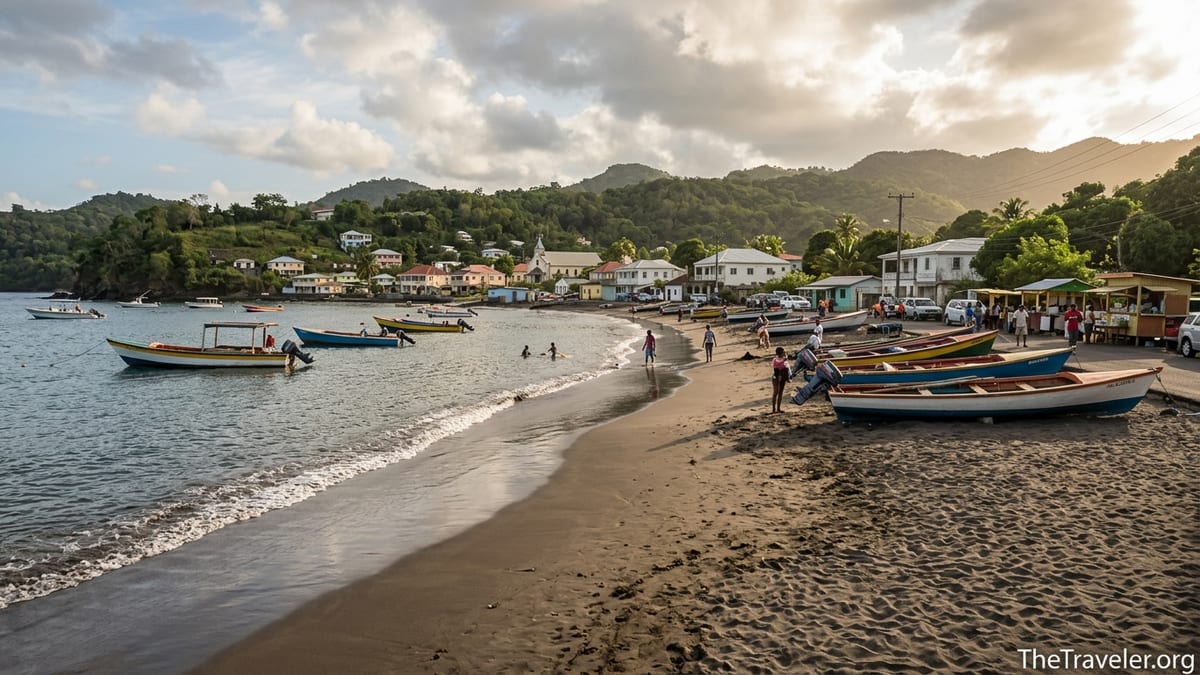 Fishing boats on the dark sand of Anse La Raye Beach with the village and green hills behind.