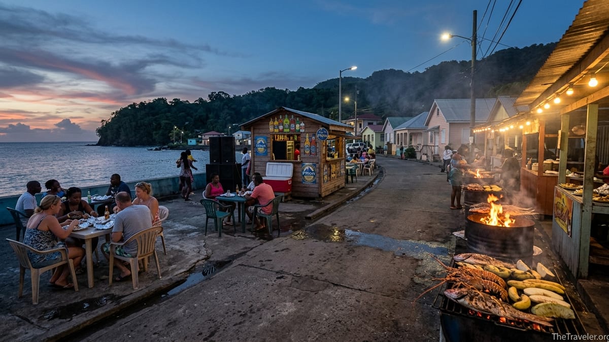 Friday night fish fry on the Anse La Raye waterfront with grills, food stalls and people eating by the sea