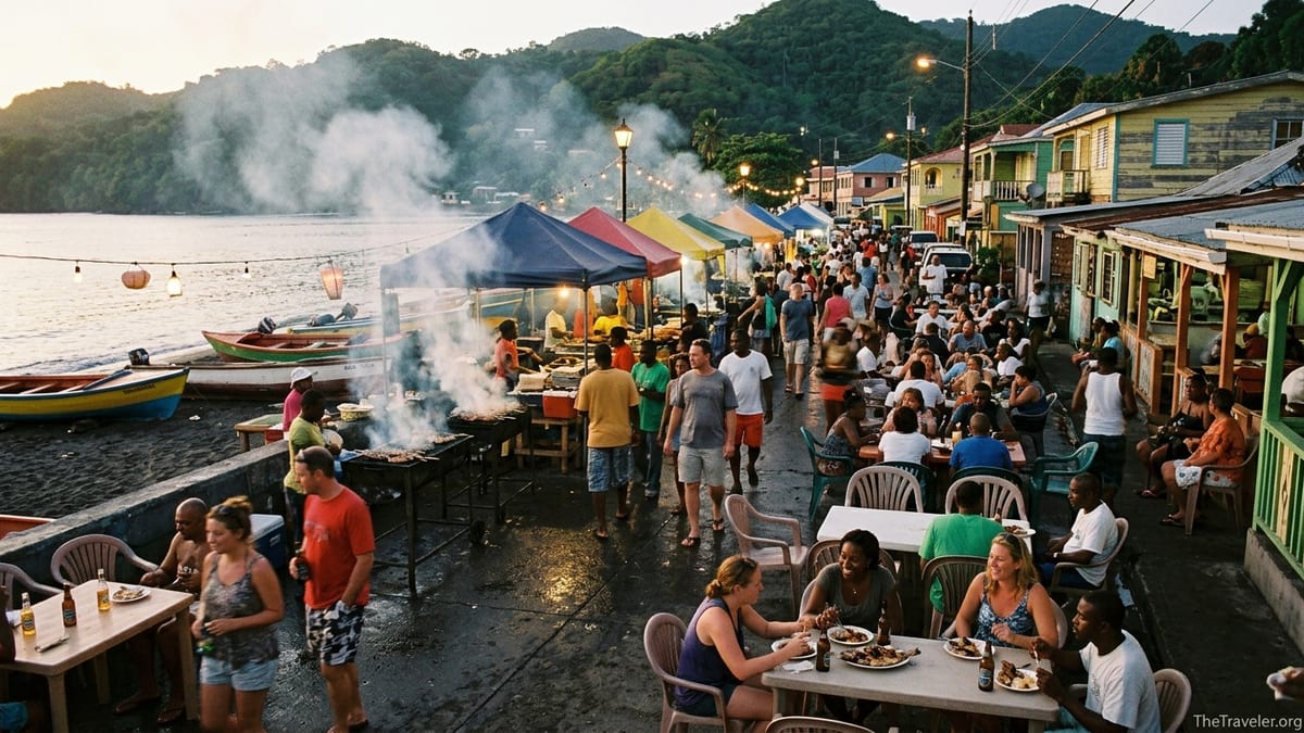 Evening fish fry in Anse La Raye, Saint Lucia, with grills, stalls and diners along the village waterfront.