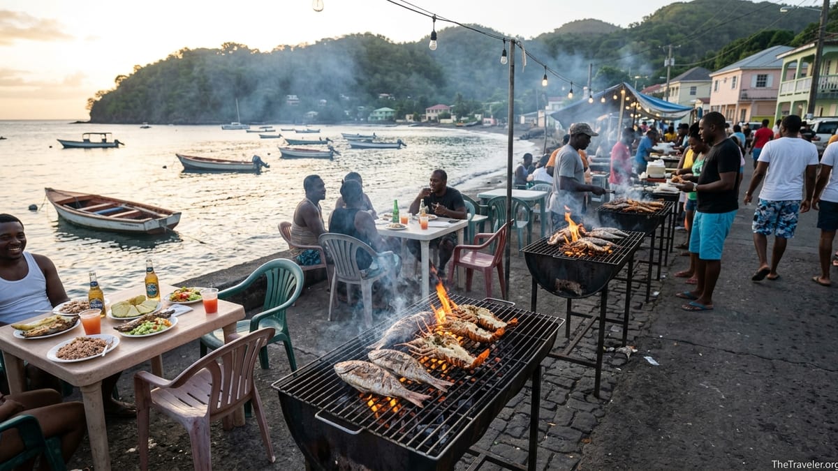 Evening fish fry on the Anse La Raye waterfront with grills, seafood and fishing boats in the bay.
