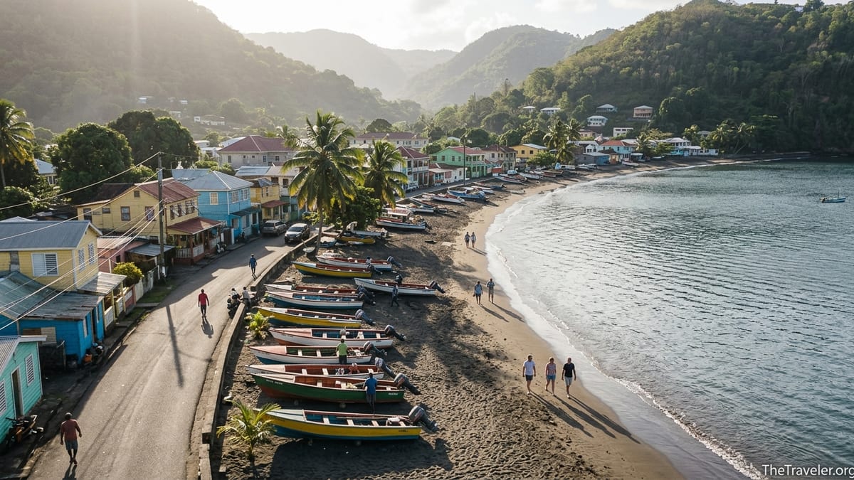 Fishing boats and waterfront houses in Anse La Raye on Saint Lucia’s west coast at sunset.