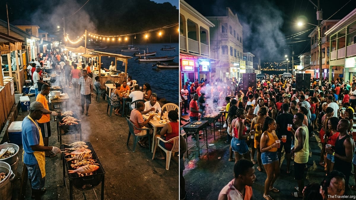 Friday night street scenes in Saint Lucia with food stalls and crowds in Anse La Raye and Gros Islet.