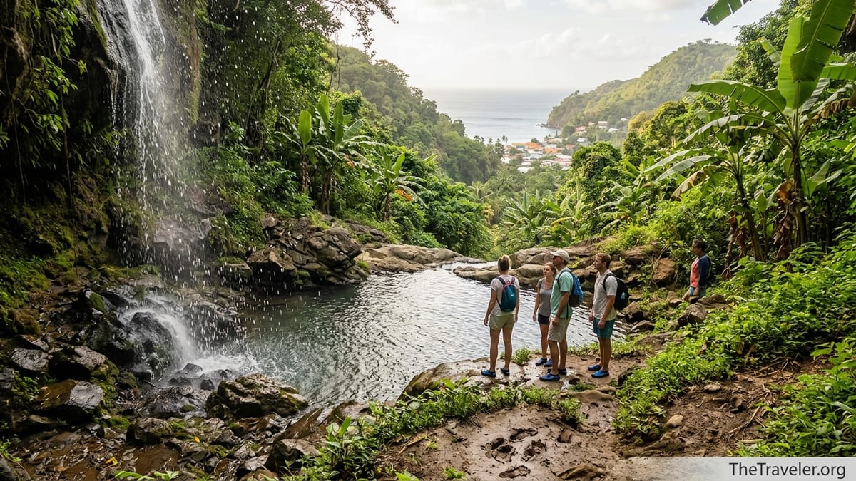 Travelers at a rainforest waterfall pool in the hills above Anse La Raye, Saint Lucia.