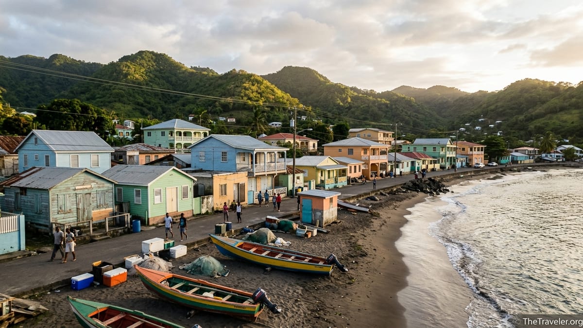 Fishing boats and colorful houses along the waterfront in Anse La Raye, Saint Lucia.